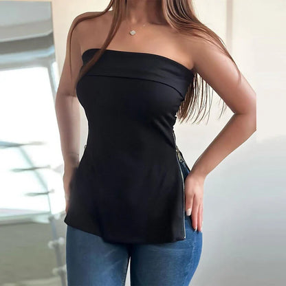 vmtvr Sexy Strapless Draped Women T-shirts 2024 Spring Fashion Both Side Zip-up Tops Pullover Summer Off Shoulder Backless Hollow Tees