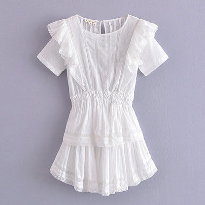 vmtvr Spring Short Sleeve Vocation Women White Mini Dress Holiday Lace Ruffled Dress