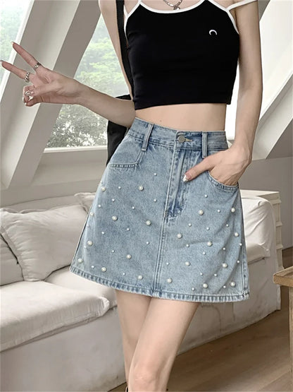 vmtvr Office Lady New Mini Skirts Women Summer OL Chic Pearls High Waist Sweet Denim Bodycon Streetwear Jeanswear