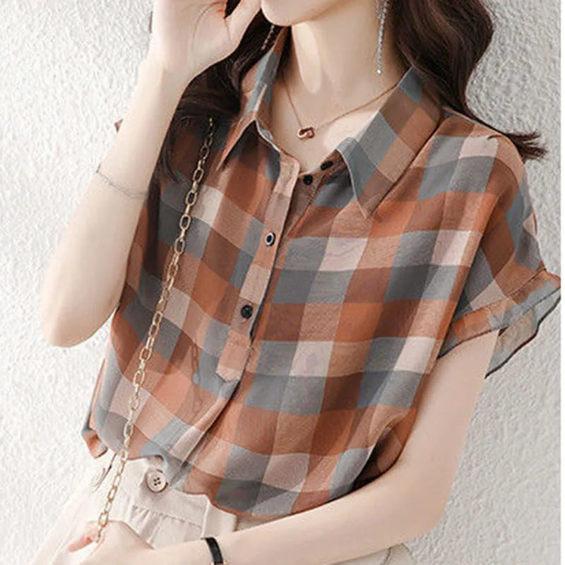 vmtvr Elegant Women Plaid Shirts Summer Korean Fashion Streetwear Female Loose Short Sleeve Tops Y2K All Match Casual Blouse