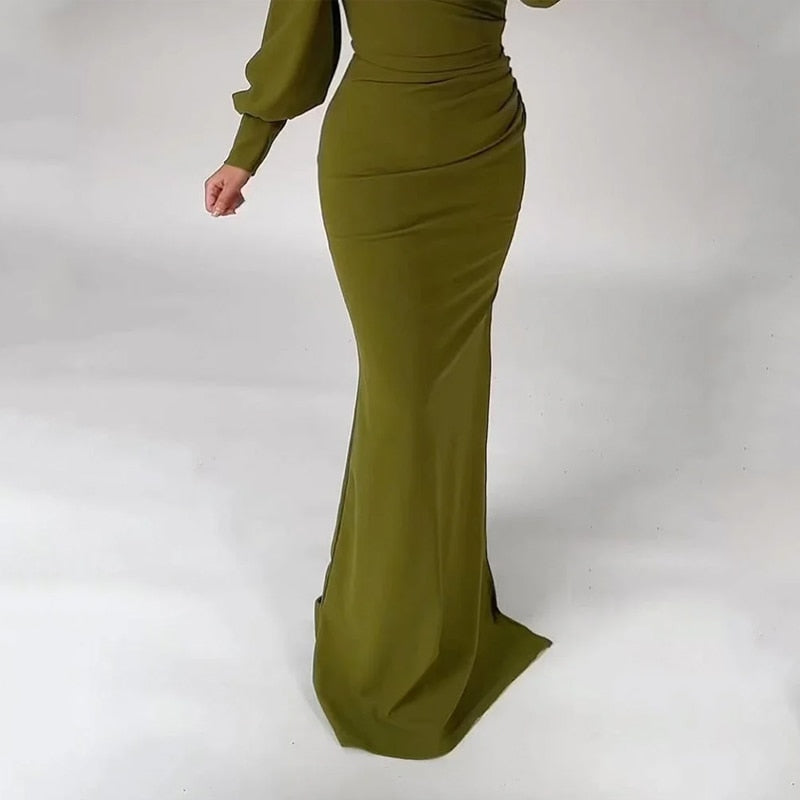 Women Maxi Dress Casual Solid Long Lantern Sleeve Inclined Shoulder Nipped Waist Slim Party Evening Dresses Streetwear