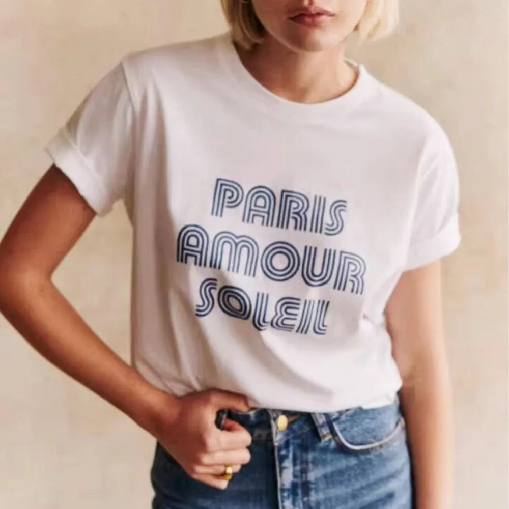 -Retro sports style outfit streetwear 90s fashion Paris Amour Soleil Letters Printing French Vintage Style White T Shirts Women Short Sleeve Loose Cotton Summer Tops Chic Tees