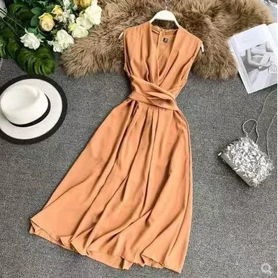 vmtvr  -  Sexy Dress Women Summer New Arival V-Neck Sleeveless Dresses French Chic  Cross Drawstring Slim Waist Vestidos