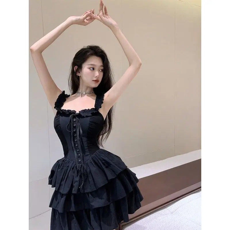 QWEEK Gothic Goth Harajuku Sexy Slip Dress Ruffles Y2k Streetwear Dark Punk Cake Dresses Party Korean Fashion  Summer