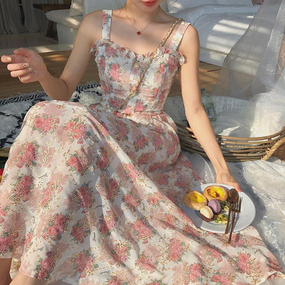 Kukombo Korean Style Retro Elegant Sling Maxi Dress Vintage Floral Print Sleeveless Backless Casual Fairy Dresses Feminine Vestidos