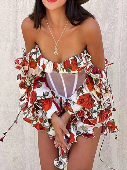 vmtvr - 2023 Dress Women Patchwork Ruffle Long Sleeve Mini Holiday Sexy Outfits Print Mesh Off Shoulder Sweet Tie Up See Through Y2k New