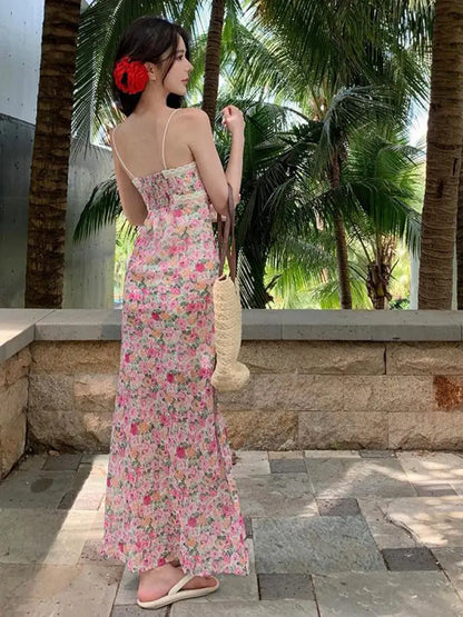 vmtvr French Women's Birthday Sexy Club Evening Party Pink Floral Printed Lace Slip Long Dress Summer Backless Bandage Pleated Dresses