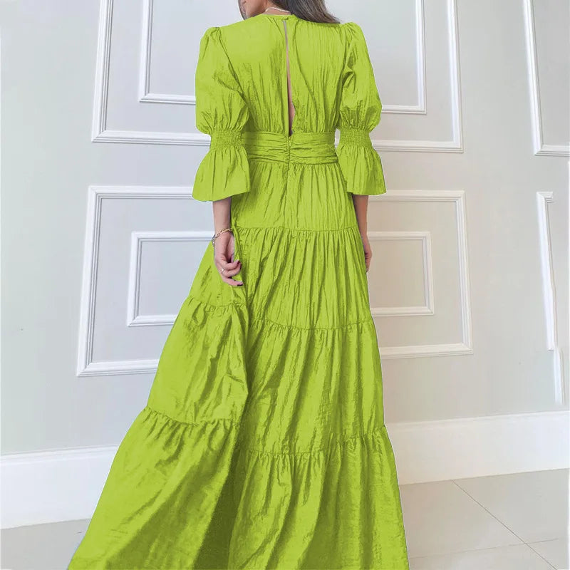 vmtvr Summer Slim A-Line Pleated Temperament Women Dress Fashion V-Neck Puff Sleeve Hollow Long Dress Elegant High Waist Party Dresses