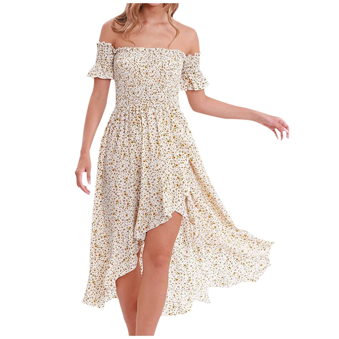 Summer Square Collar Print Dress Women Casual Short Sleeve Slim High Wasit Floral Off The Shoulder Dresses vestido feminino