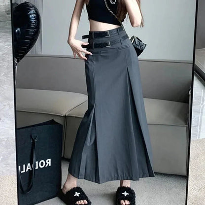 vmtvr Women Double Belt Suit Skirts Korean Fashion High Waist Midi Skirt Y2K Casual All Match Female Slim Fit Black Skirts Summer New