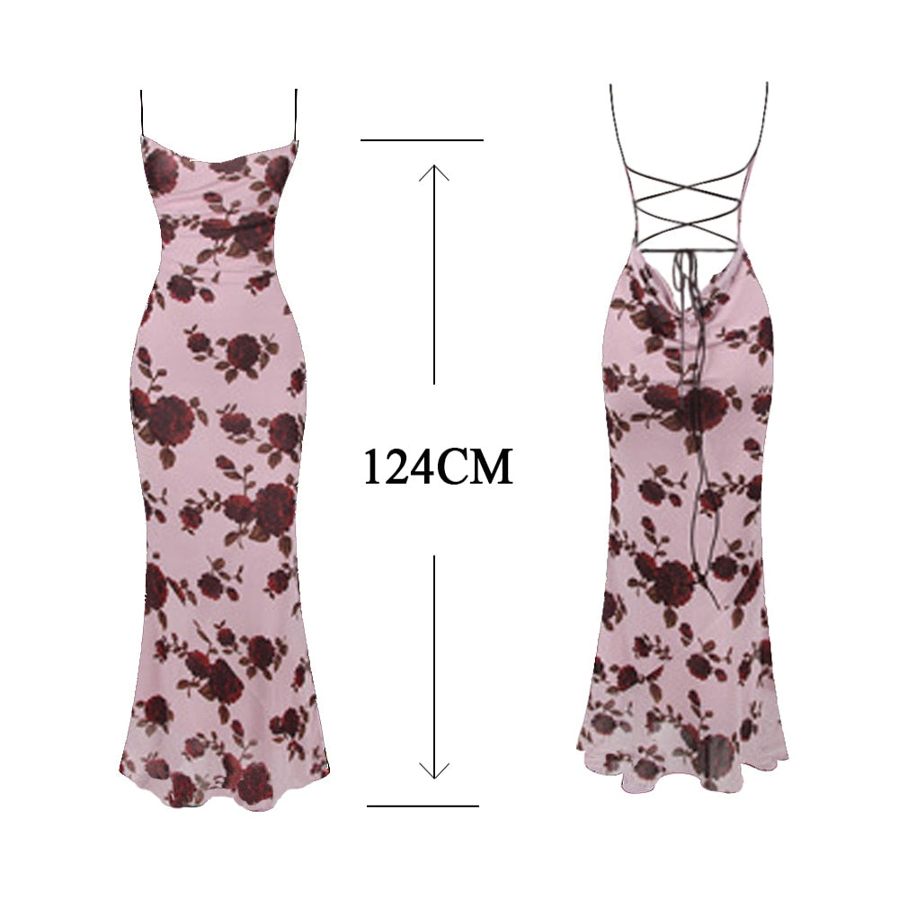 Lace Up Backless Maxi Dress Sexy Mesh Floral Printing Bodycon Holiday Dress Elegant Spaghetti Strap Dress Summer