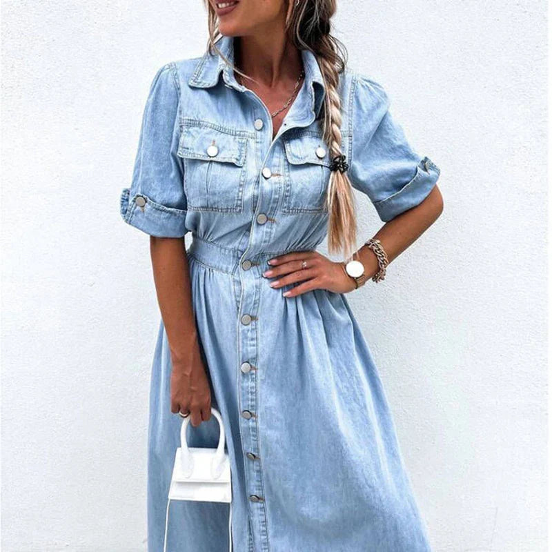 vmtvr New Turn-down Collar Short Sleeve Summer Dress Women's Single Breasted Pocket Casual Dress Denim High Waist Pleated 2024 Dresses