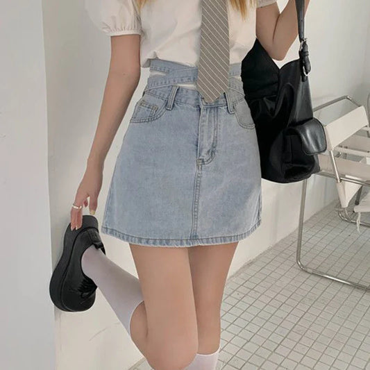 vmtvr Fashion Women Denim Skirts Korean Casual Bandage Slim Fit Mini Skirts Y2K Summer Elegant Female A Line Jeans Skirts New