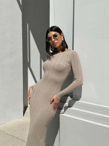 vmtvr  -  Striped Knitted Maxi Dress Long Sleeve Dresses O-neck Chic Slim Y2k Robe Westidos Vacation Streetwear Women's Clothing Birthday