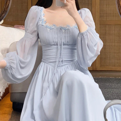 2024 Summer Elegant Fairy Midi Dress Women Causal Long Sleeve Vintage Party Dress Female Ruffles One Piece Dress Korean Chic Y2k