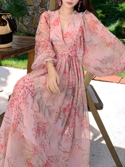 vmtvr Spring And Summer Floral Print Long Dress For Women Lantern Sleeve  Beach Holiday Dresses V-Neck Long-Sleeved Robe Clothes