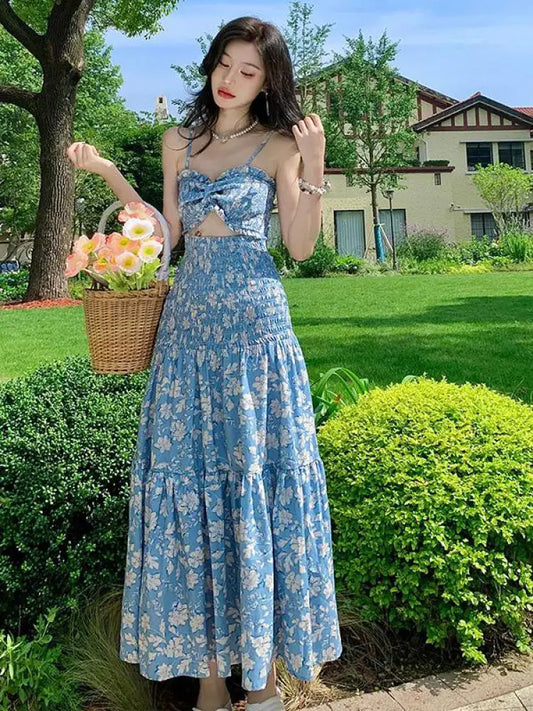 vmtvr Women Elegant Blue Floral Print Sleeveless Backless Long Slip Dress Sexy Summer Sweet Birthday Party Club Pleated Dress Y2k