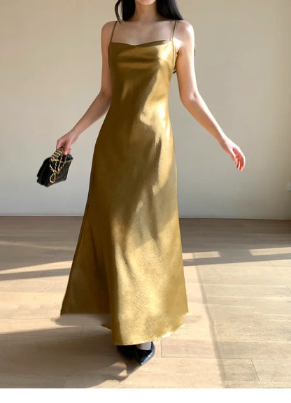 vmtvr  -  Vintage Jacquard Strap Satin Long Dresses for Women Summer New Elegant Chic Fashion Slim Female Clothing Evening Party Robe