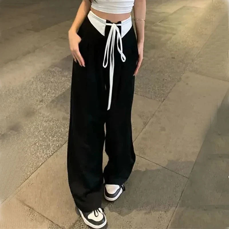 vmtvr Streetwear Women Suit Pants Summer Patchwork Black Loose Wide Leg Pants Y2K Fashion Female High Waist Bandage Trousers New