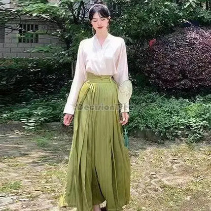 new chinese style dress improved ming dynasty hanfu national style long pleated skirt long sleeve top daily two pieces set