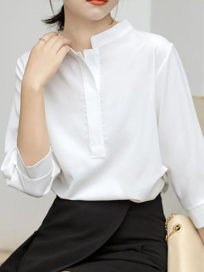 vmtvr White Women Chiffon Shirts Loose Half Sleeve Korean Office Ladies Summer Blouse Fashion Stand Collar Designed Female Tops