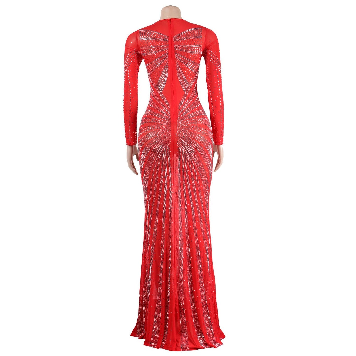 vmtvr Sexy Rhinestones Floor-length Evening Dresses Luxury Elegant Women's O-neck Long Sleeve See-through Mesh Night Club Long Dress