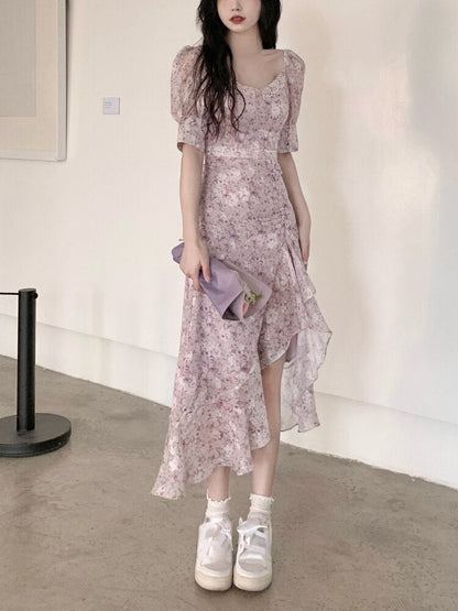 Summer Short Sleeve Fairy Floral Dress Woman Beach Party One Piece Dress Korean Style French Elegant Midi Dress Casual Chic