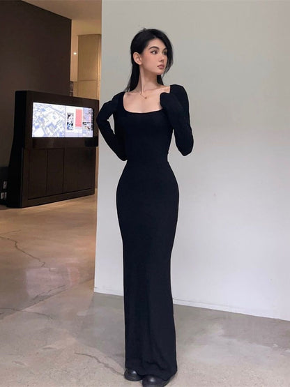 Y2K Sexy Black Dress Women Vintage Wrap Slim Bodycon Long Dresses Party Evening Square Collar 2023 Fashion Spring Outfits