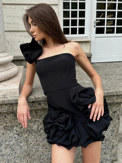 vmtvr - VC Black Mini Dress Women Sexy One Shoulder Sleeveless Slim Ruched Design High Street Wear Pretty Female Clothes