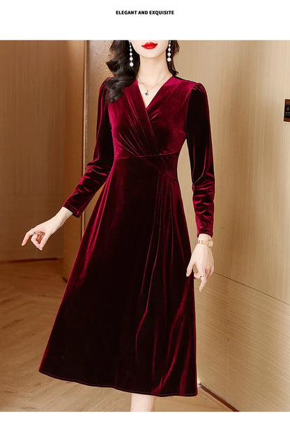 vmtvr  -  Red Velvet V-Neck Casual Loose Long Dress Autumn Winter Korean Vintage  Prom Dresses Women Elegant Luxury Vestidos