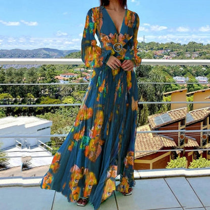 Spring Vintage Floral Print Pleated Maxi Dress Women V Neck Long Sleeve Bohemian Dress Fashion Chiffon Waist Holiday Dress