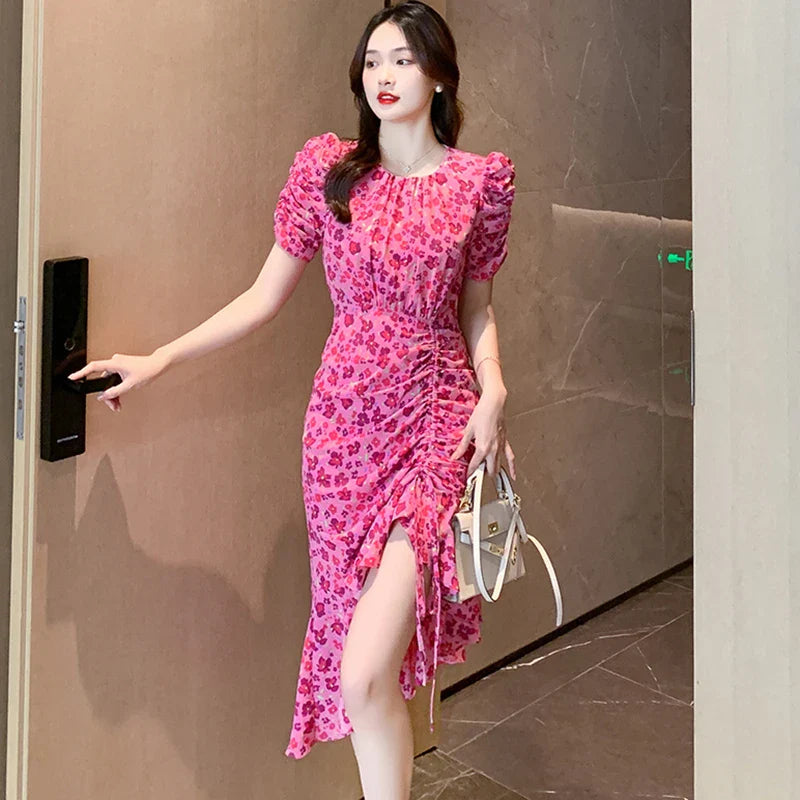 vmtvr Women Floral Chic Pleated Ruffled Mermaid Dress Summer Elegant Bodycon Bandage Dress 2024 Korean Casual Festival Evening Dresses