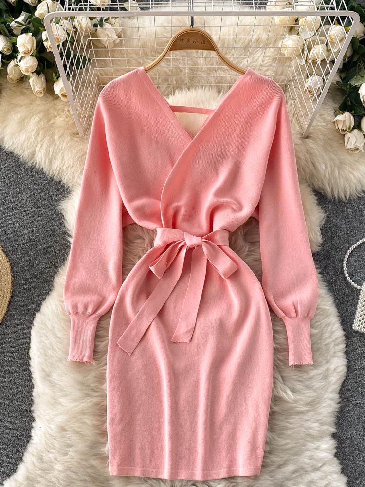 YuooMuoo Fashion Y2K Casual Vestidos Women Dress Autumn Winter Bodycon Knitted Sweater Dress Elegant  Office Ladies Dress