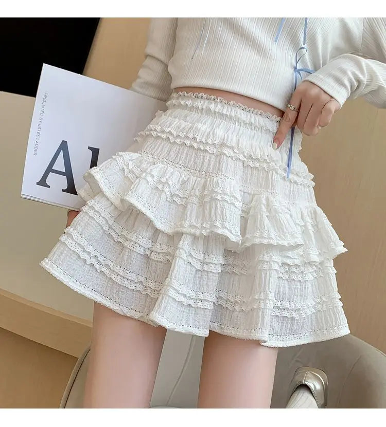 vmtvr Sweet Cute Lace Mini Skirt Women Kawaii White Ruffles Pleated Skirts Summer Korean High Waist Black Casual A Line Skirt