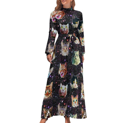 vmtvr - Cute Cats Print Dress Funny Animal Elegant Printed Maxi Dress High Waist Long-Sleeve Street Fashion Bohemia Long Dresses