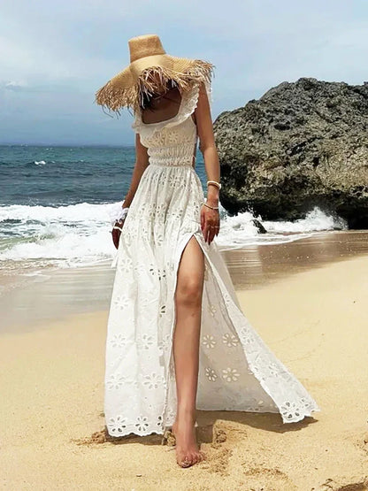 vmtvr  -  Square Collar White Lace Summer Tank Dress Women Sexy Backless Maxi Long Sundress Holiday Beach Cotton Slip Vestidos Party