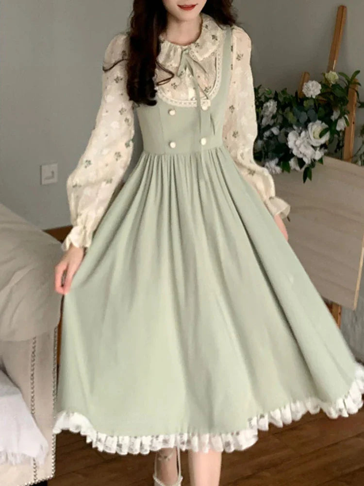 Green Elegant Vintage Strap Dress Women 2024 Spring Lace Evening Party Midi Dresses Ladies Retro Korean Sweet Kawaii Fairy Dress