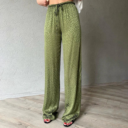 vmtvr Summer Black Pants Women Fashion Lace-up Loose Trousers Ice Silk Casual Leopard Print Retro High Waist Straight Pants Streetwear