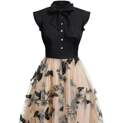 vmtvr  -  BLACK 1950S BUTTERFLY PATCHWORK VINTAGE DRESS