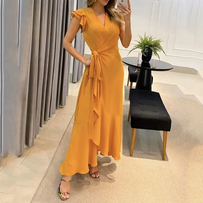 vmtvr - Women Maxi Dress Summer Casual Solid Butterfly Short Sleeve V Neck Lace Up Nipped Waist Ruffle Party Dresses