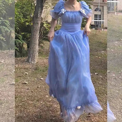 vmtvr  - Elegant Women's Dress France Vintage Fairy Blue White Casual Retro y2k Party Midi Evening Dresses Sweet New Korean Princess