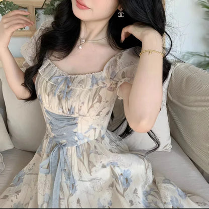 vmtvr  -  Elegant Floral Print Midi Dresses for Women Summer New Vintage Fashion Slim Casual Birthday Party Lace-up Female Clothing