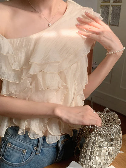 vmtvr S-M Apricot Blouses Ruffles Daily Summer Gentle Skew Collar Tank Tops Slim New Elegant Office Lady Chic Solid