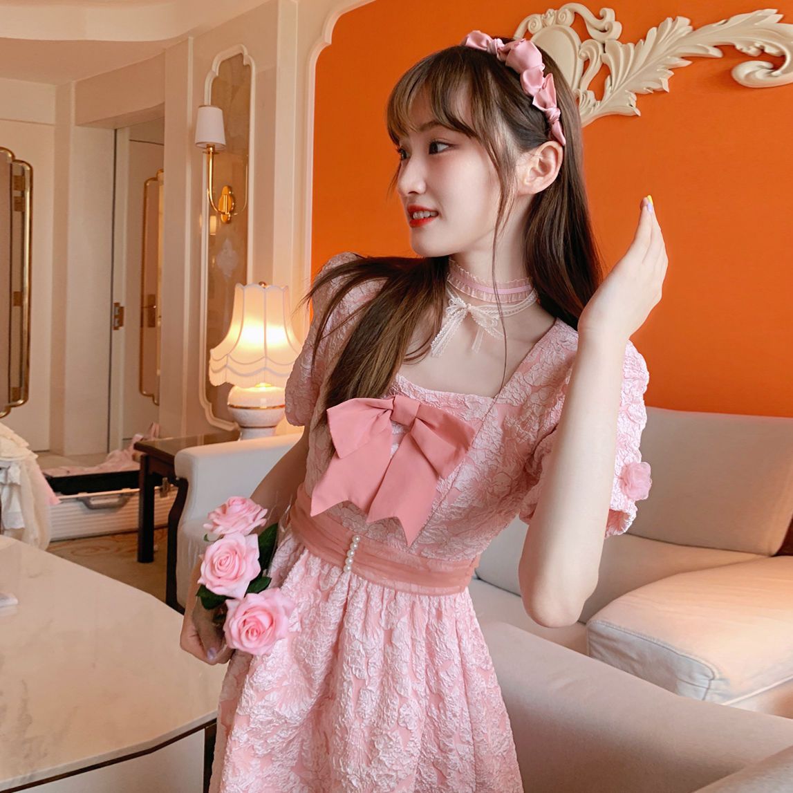 Pink Sweet Kawaii Square Neck Puff Sleeves Dress Korea Fashion Bowknot Princess Dress Summer 2023 Fairy Waist Slim Mini Dress