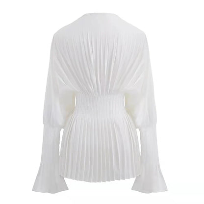 vmtvr Elegant Women Loose White V-Neck Pleated Shirts Female Lantern Full Sleeve Tops Blouses Casual Blusas 2024 Spring Summer