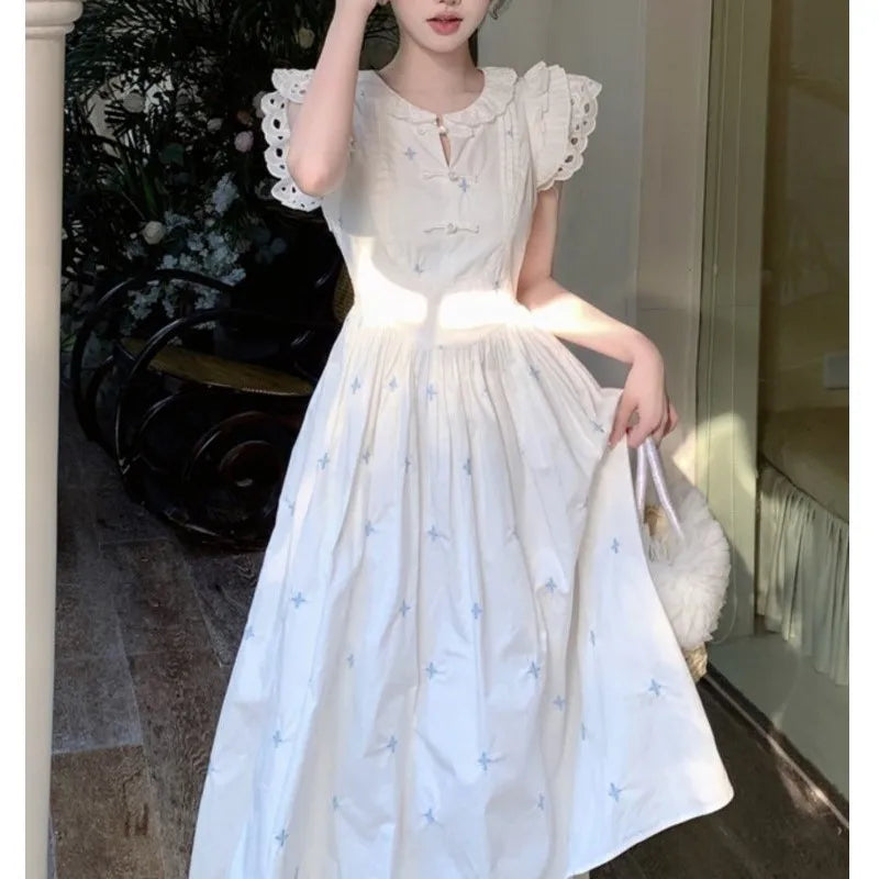 vmtvr Women's Sweet Flying Sleeve Midi Dress Summer Embroidery Female Vintage O-Neck Clothes Elegant Lady Chic A-line One Pieces Robe