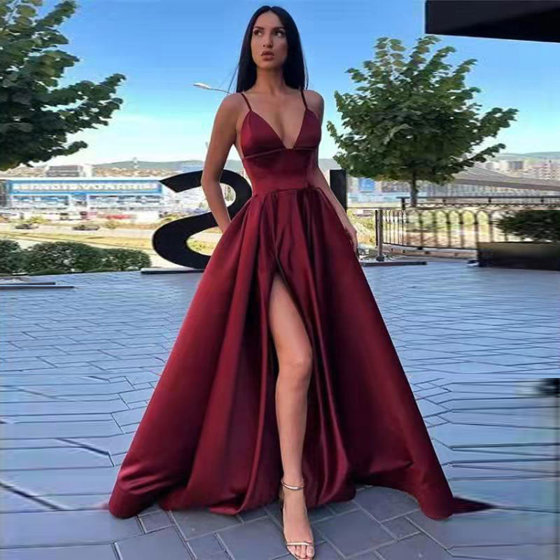 Sexy V- Neck Satin Prom Dresses Spaghetti Straps Side Slit Floor Length Evening Dress Party Dress Robe Soirée