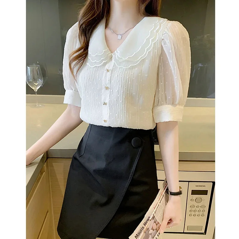 vmtvr Summer Fashion White Comfortable Chiffon Button Shirt Women Casual Mesh Short Sleeve Elegant Chic Sweet Blouse Ladies Tops