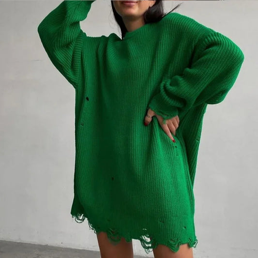 vmtvr Women Long Sleeve Mini Sweater Dress Autumn Winter Ripped Hole Knit Pullover Dress Casual Loose Oversize Knitted Short Dresses