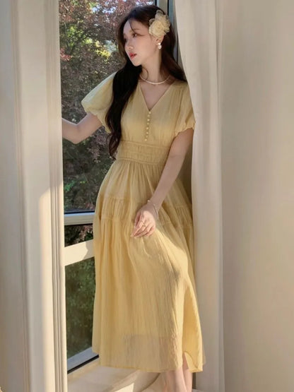 vmtvr Women Dress French Puff Sleeve Vintage V-neck Yellow Vestidos A-line Female Robe Summer Elegant Slim Waist Lady Chic Clothing